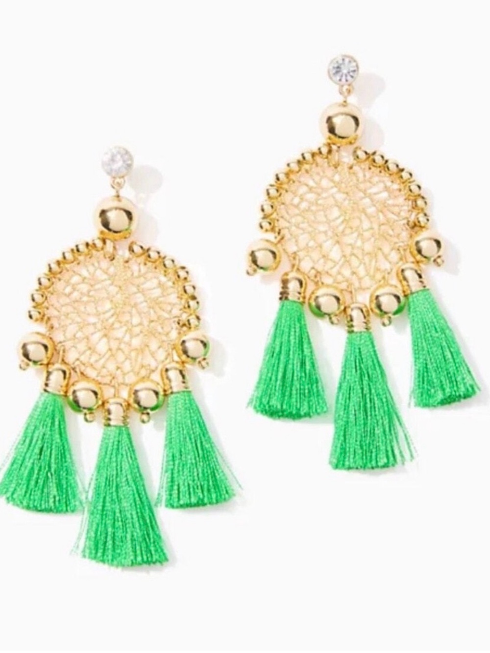 Lilly Pulitzer Gold Filigree Drop Earrings with Green Tassels